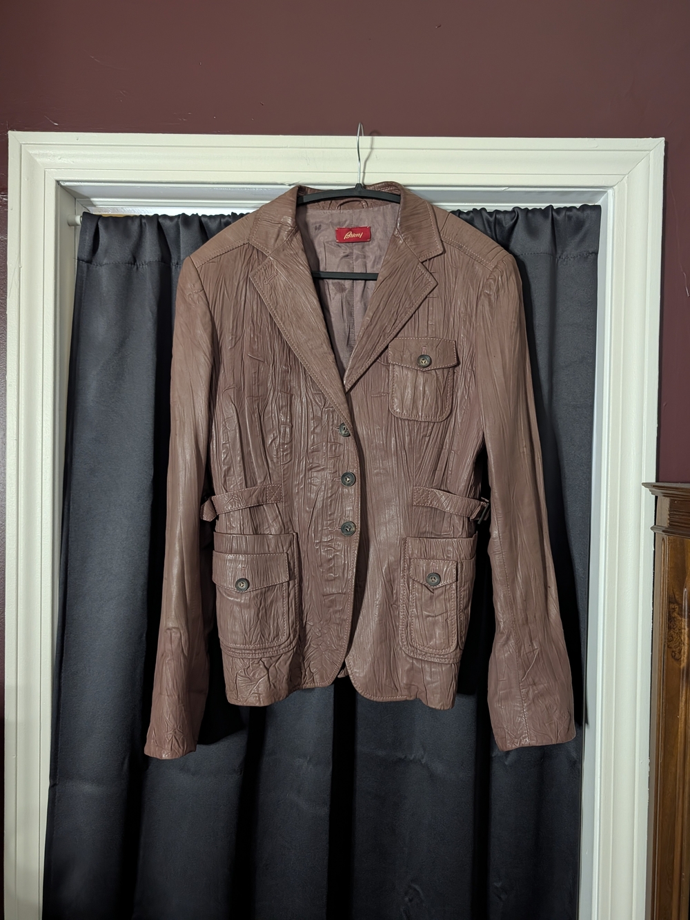 BRIONI Brown Crinkled Leather Unisex Safari Jacket Blazer Buckled Waist 46R
